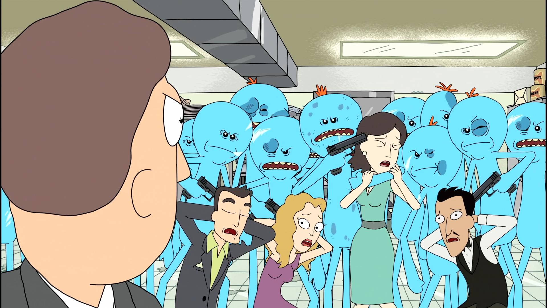 Meeseeks 桌布 壁紙 — 在緊張的辦公室場景中，一個卡通男人面對一群手持槍械的藍色外星入侵者。