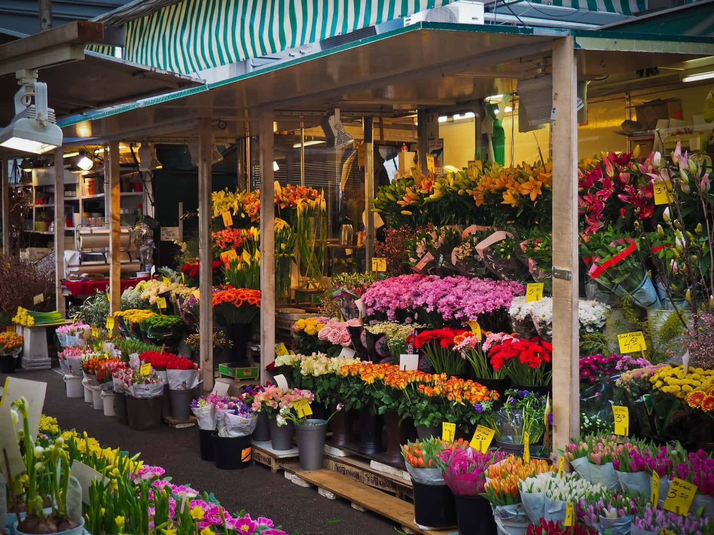 Flower Market 桌布 壁紙 — 在繁忙的市場中，綠色和白色條紋遮陽篷下，充滿活力的花攤上擺滿了色彩繽紛的花朵。