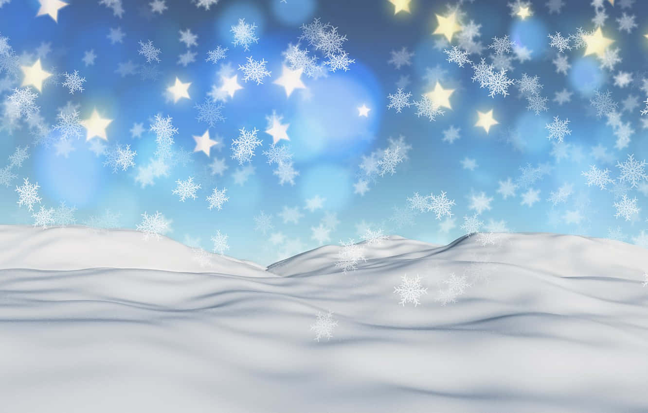 Stars 桌布 壁紙 — 在繁星閃爍的藍天下，白雪覆蓋的山丘，閃爍的星星和飄落的雪花。