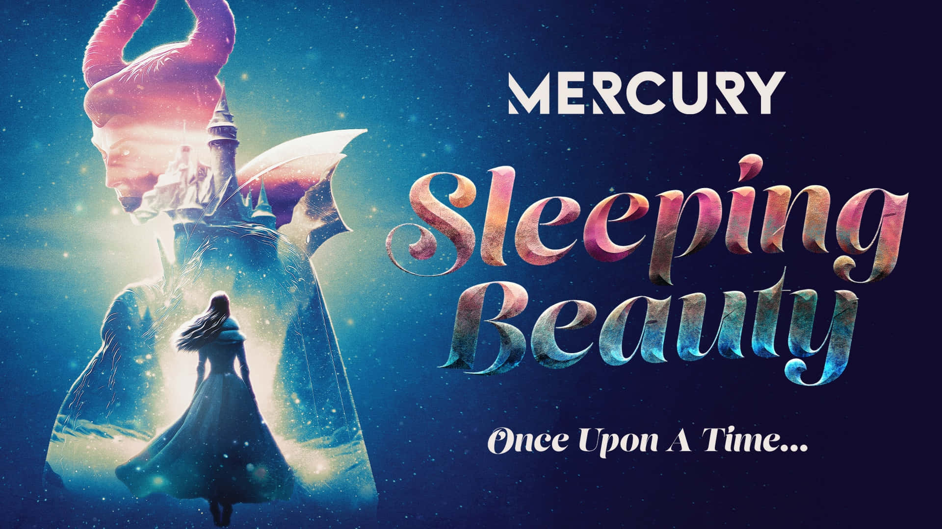 sleeping beauty 桌布 壁紙 — 在繁星點點的夜空下，一位公主的剪影站在一個發光的城堡前，城堡形狀像一個巨大的女巫頭。