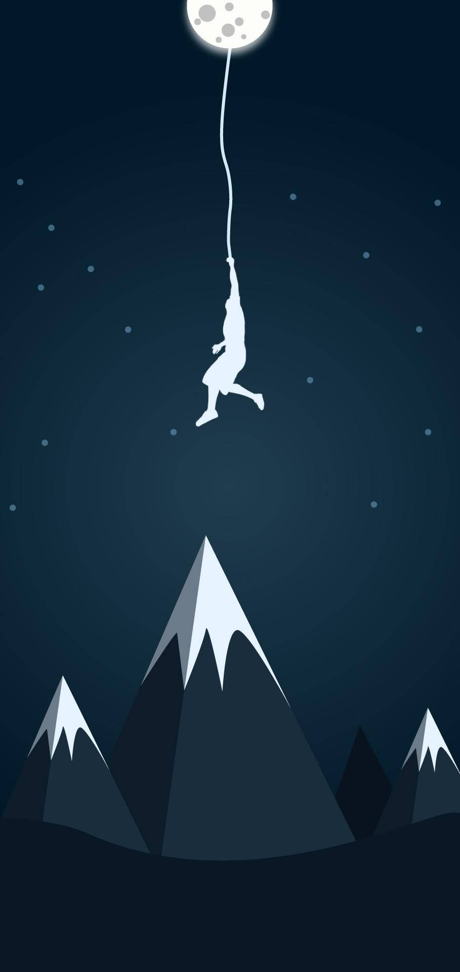 Silhouette 桌布 壁紙 — 在繁星點點的夜空下，一個人拿著繩子指向鋸齒狀山峰上方月亮的極簡剪影。