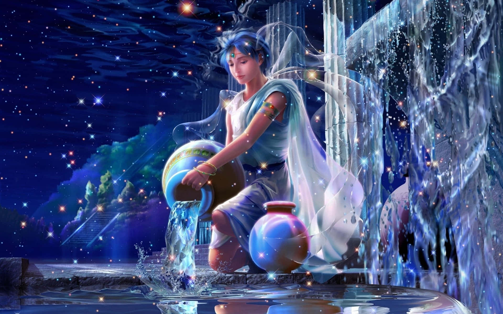 aquarius 桌布 壁紙 — 在繁星點點的夜空下，一個天體人物在閃爍的瀑布旁邊從罐子裡倒出發光的水。