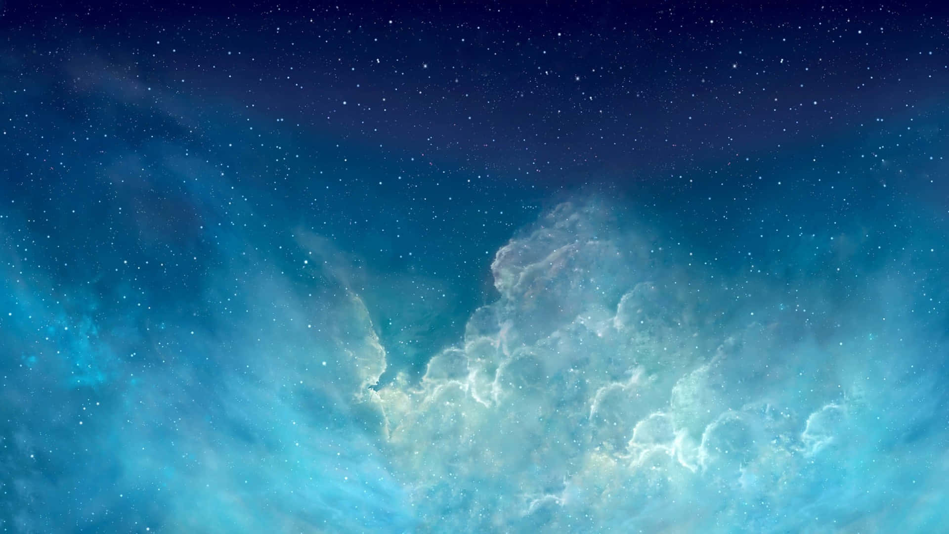 藍色銀河 桌布 壁紙 — 在繁星點點的夜空下，一個宇宙星雲以鮮豔的藍色和白色旋轉。