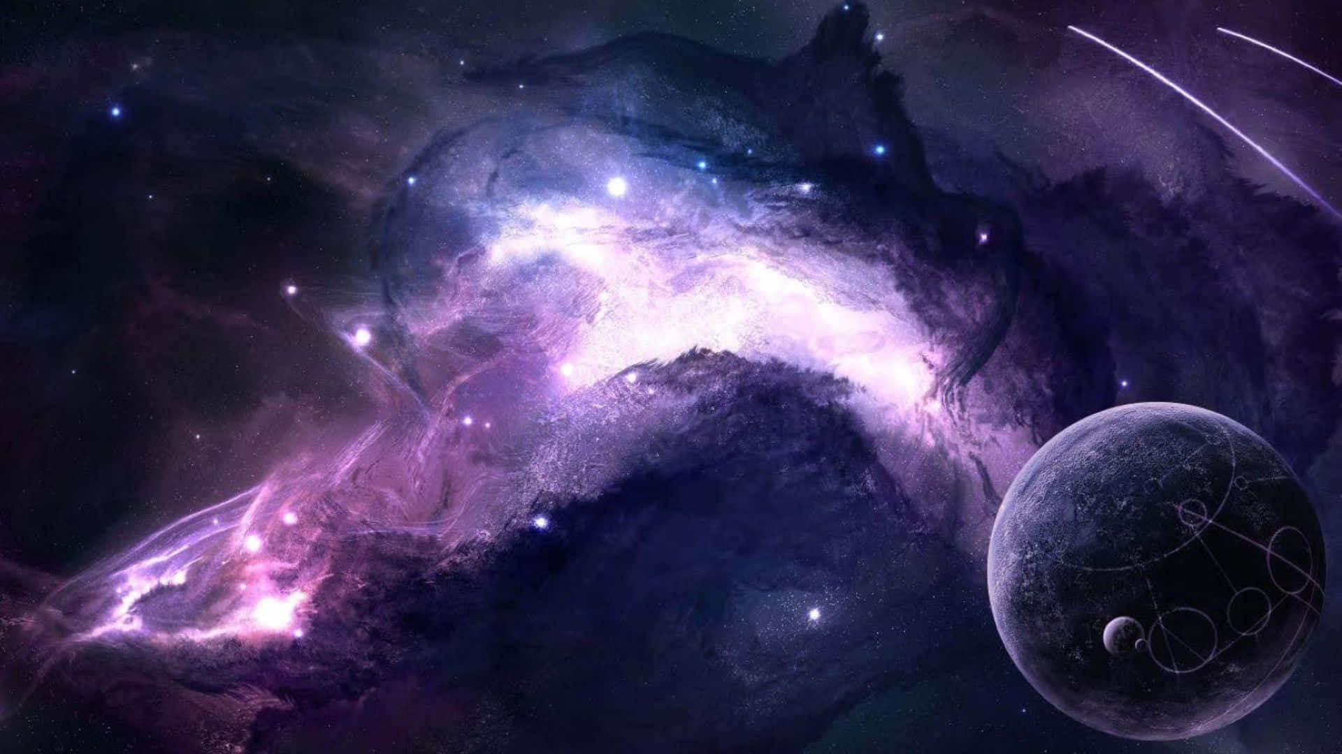 3d Galaxy 桌布 壁紙 — 在繁星點點的夜空下，一個宇宙星雲散發著紫色和粉紅色的光芒，一顆帶有發光環的黑暗行星在附近運行。