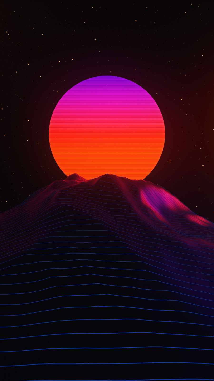 霓虹月亮 桌布 壁紙 — 在繁星點點的夜空下，一個發光的霓虹日落，帶有鮮豔的橙色和紫色漸變，覆蓋在風格化的山脈上。