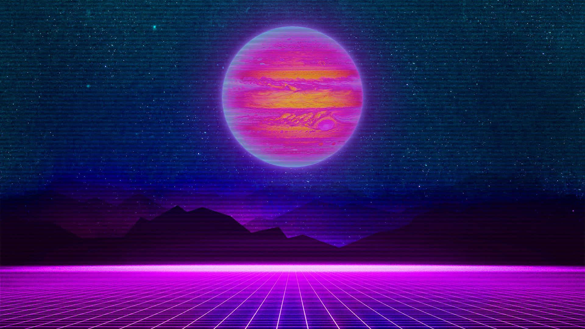 桌布 壁紙 — 在繁星點點的夜空下，一個霓虹網格地板延伸向懸掛在紫色山脈上方、發光的粉紅色和橙色星球。