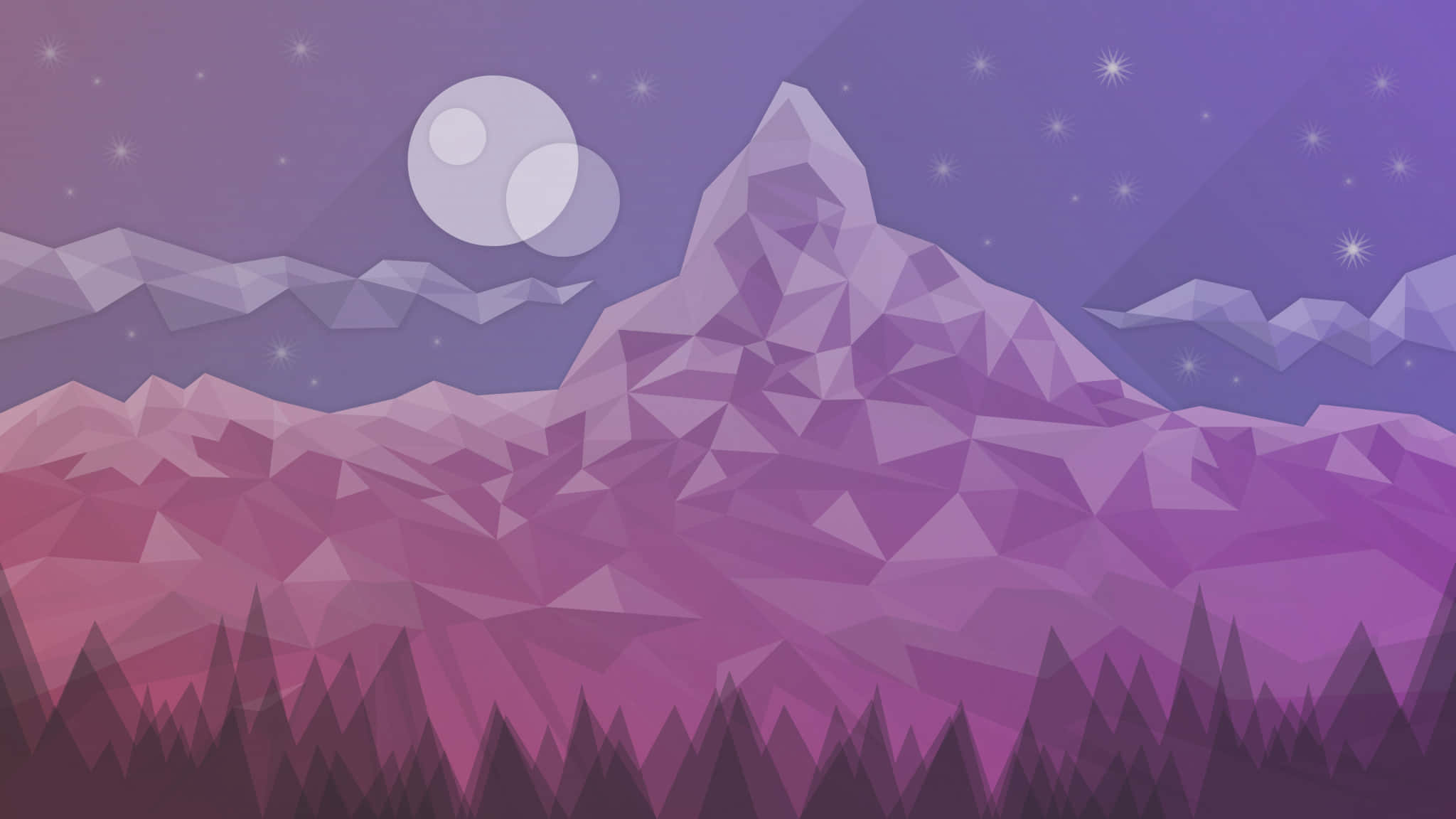 2048x1152 桌布 壁紙 — 在繁星點點的夜空下，一個風格化的紫色山脈，帶有發光的月亮和幾何雲朵。