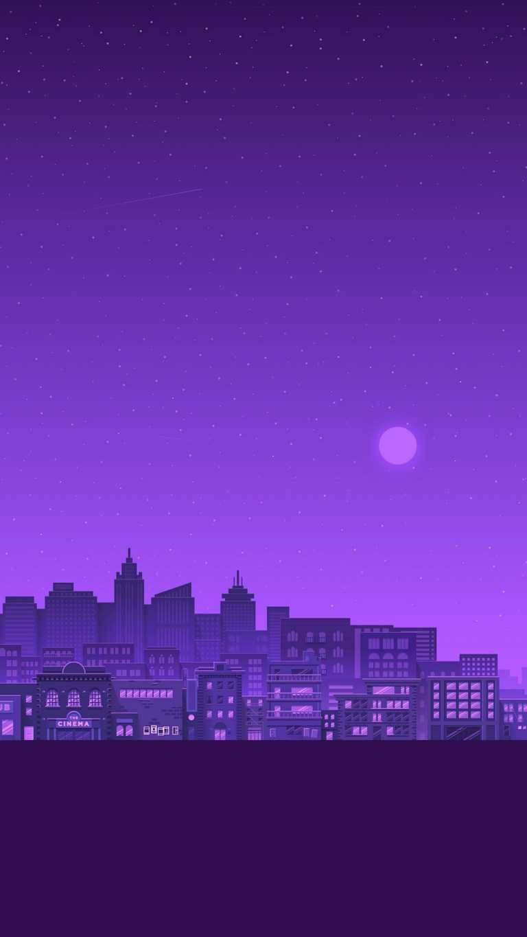 暗紫色美學 桌布 壁紙 — 在繁星點點的夜空下，一個風格化的紫色城市天際線，伴隨著發光的月亮和微弱的流星。