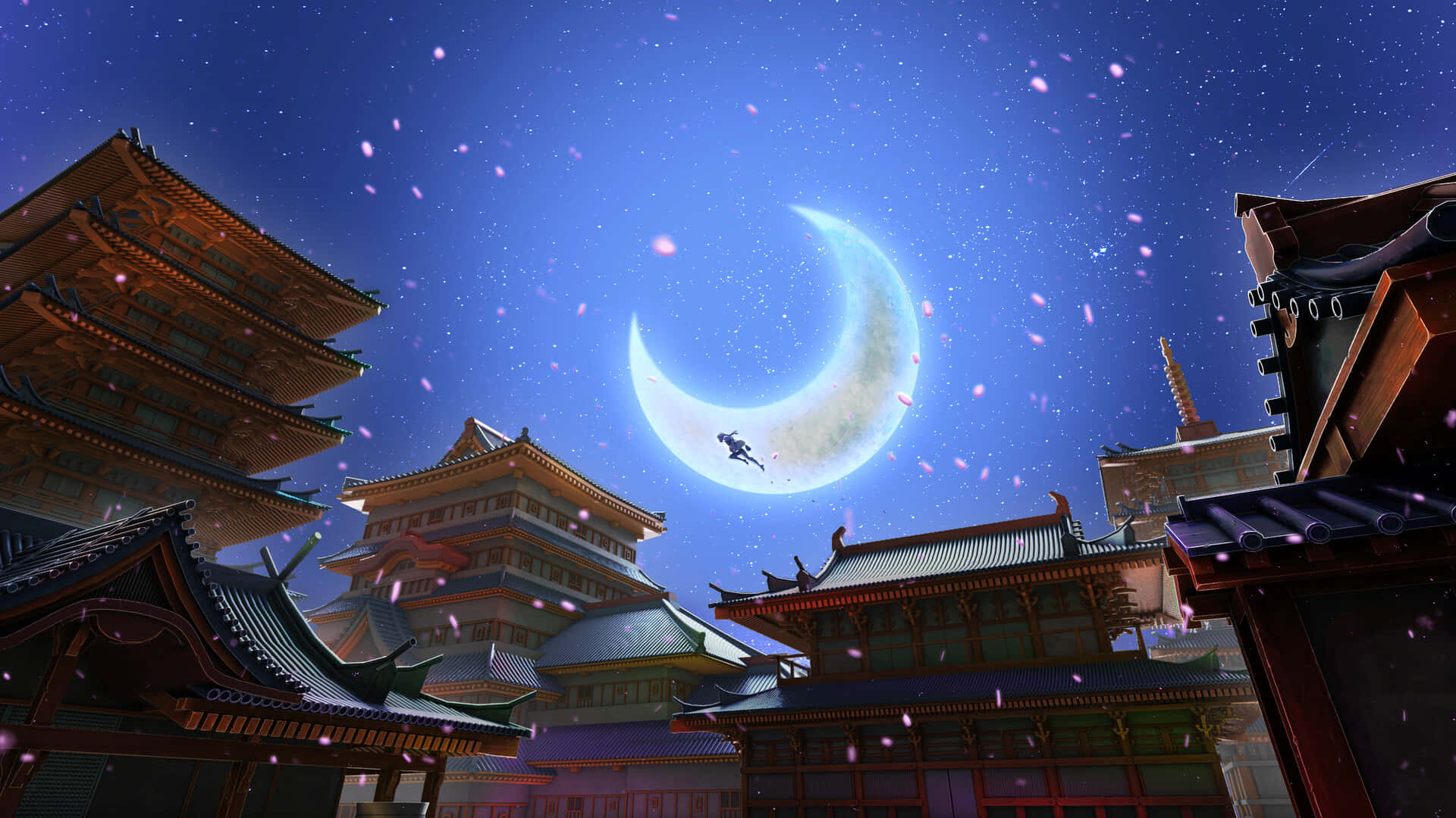 Witching Hour 桌布 壁紙 — 在繁星點點的夜空下，一名忍者躍過發光的彎月，飛越傳統日本寺廟屋頂。
