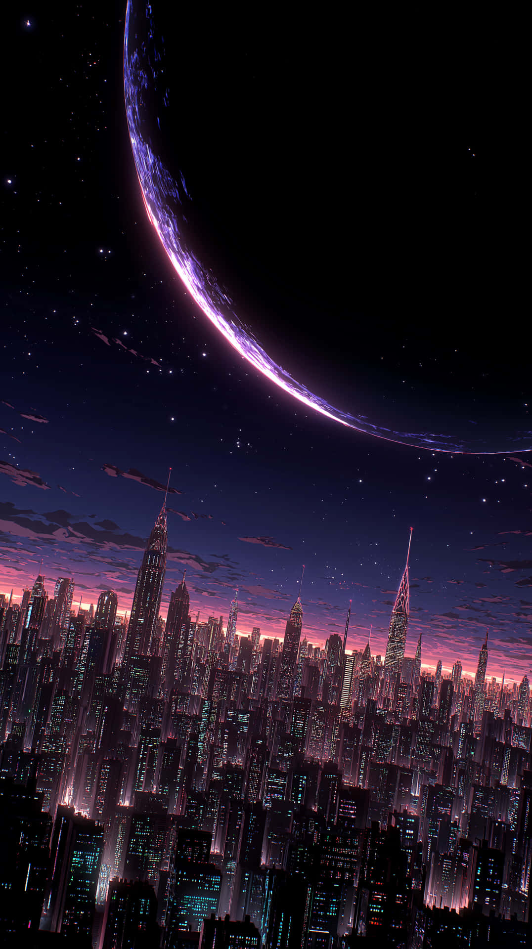 Cyberpunk Cityscape 壁紙 — 在繁星點點的夜空下，一座未來主義的城市景觀在巨大的新月和紫色、粉紅色的極光中閃耀。