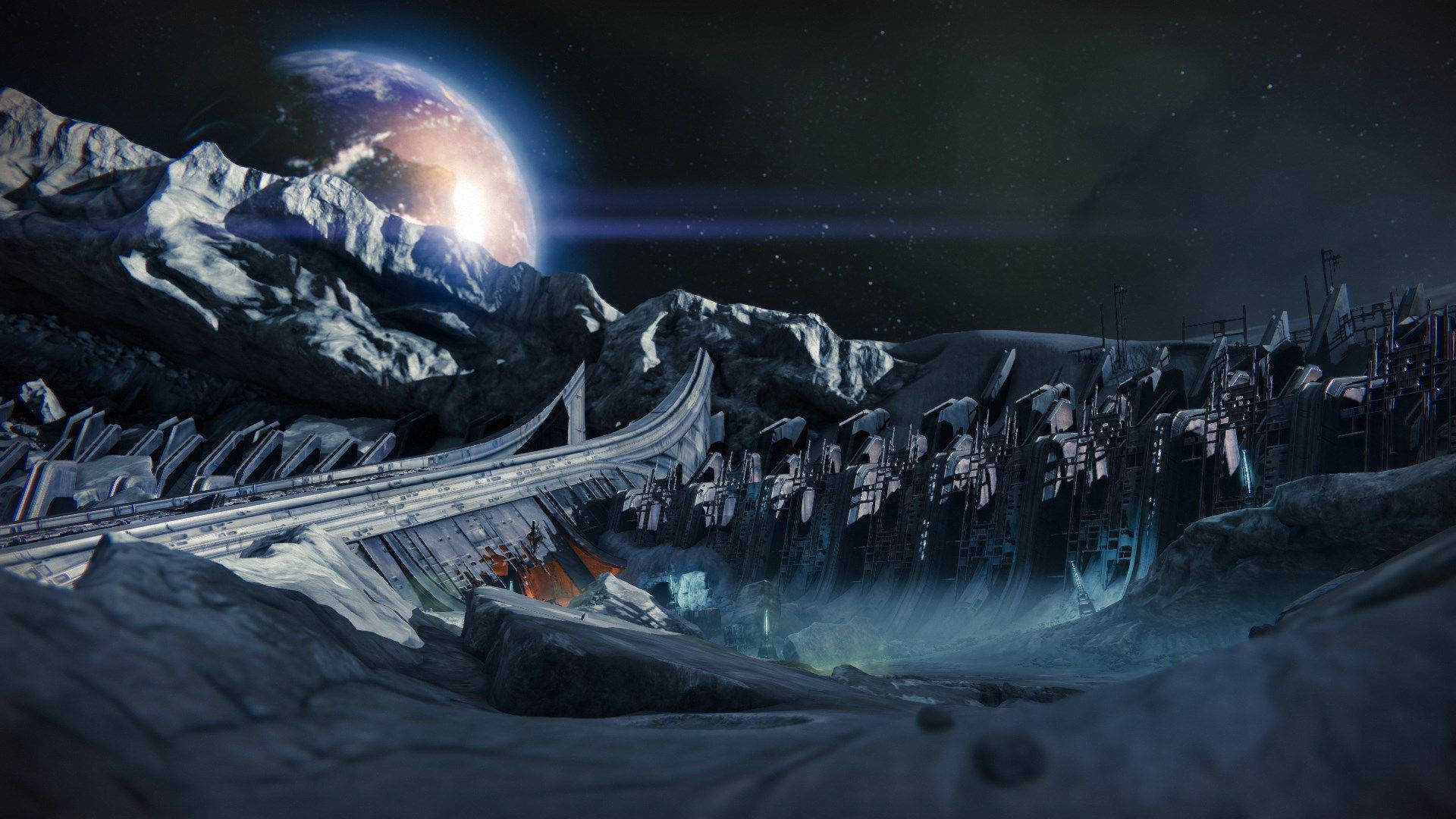 destiny 4K 桌布 壁紙 — 在繁星點點的夜空下，一座未來主義的城市景觀坐落在冰封山脈中，上方懸掛著一顆發光的行星。