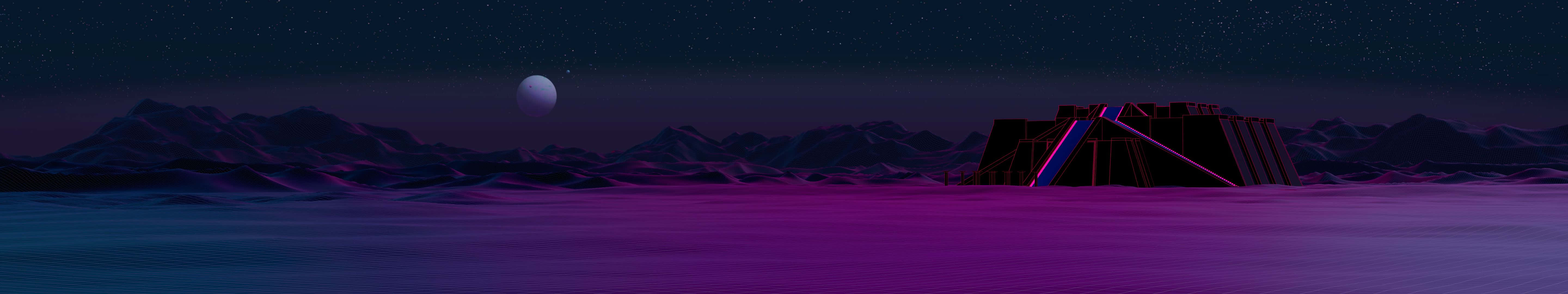 Night Aesthetic 桌布 壁紙 — 在繁星點點的夜空下，一座未來風格的廢墟漂浮在發光的紫色海洋上，伴著一輪蒼白的月亮。