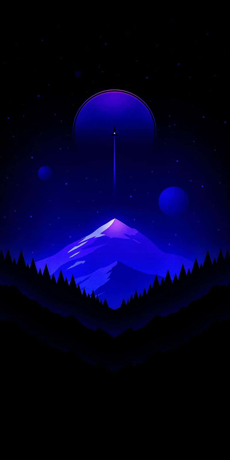 Pixel 3xl Oled 桌布 壁紙 — 在繁星點點的夜空下，一座發光的紫色山峰，伴隨著一輪明月和漂浮的球體。