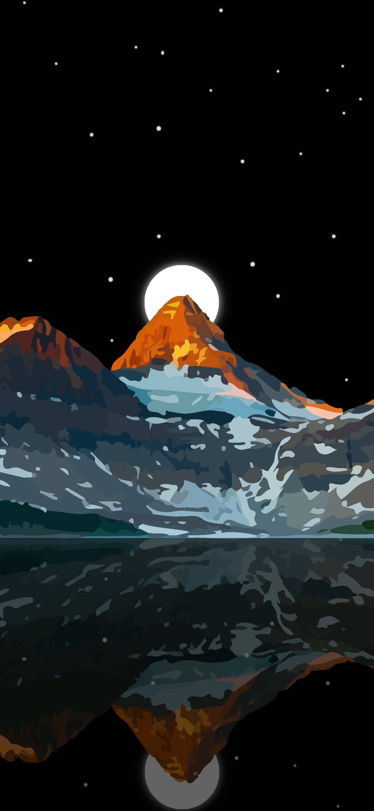 AMOLED 桌布 壁紙 — 在繁星點點的夜空下，一座風格化的山脈，滿月將溫暖的光芒投射在積雪的山峰上，倒映在平靜的水面上。
