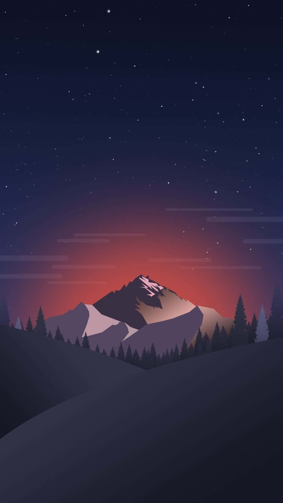 Minimal iPhone 桌布 壁紙 — 在繁星點點的夜空下，一座風格化的山峰，帶有發光的紅色地平線和剪影的松樹。