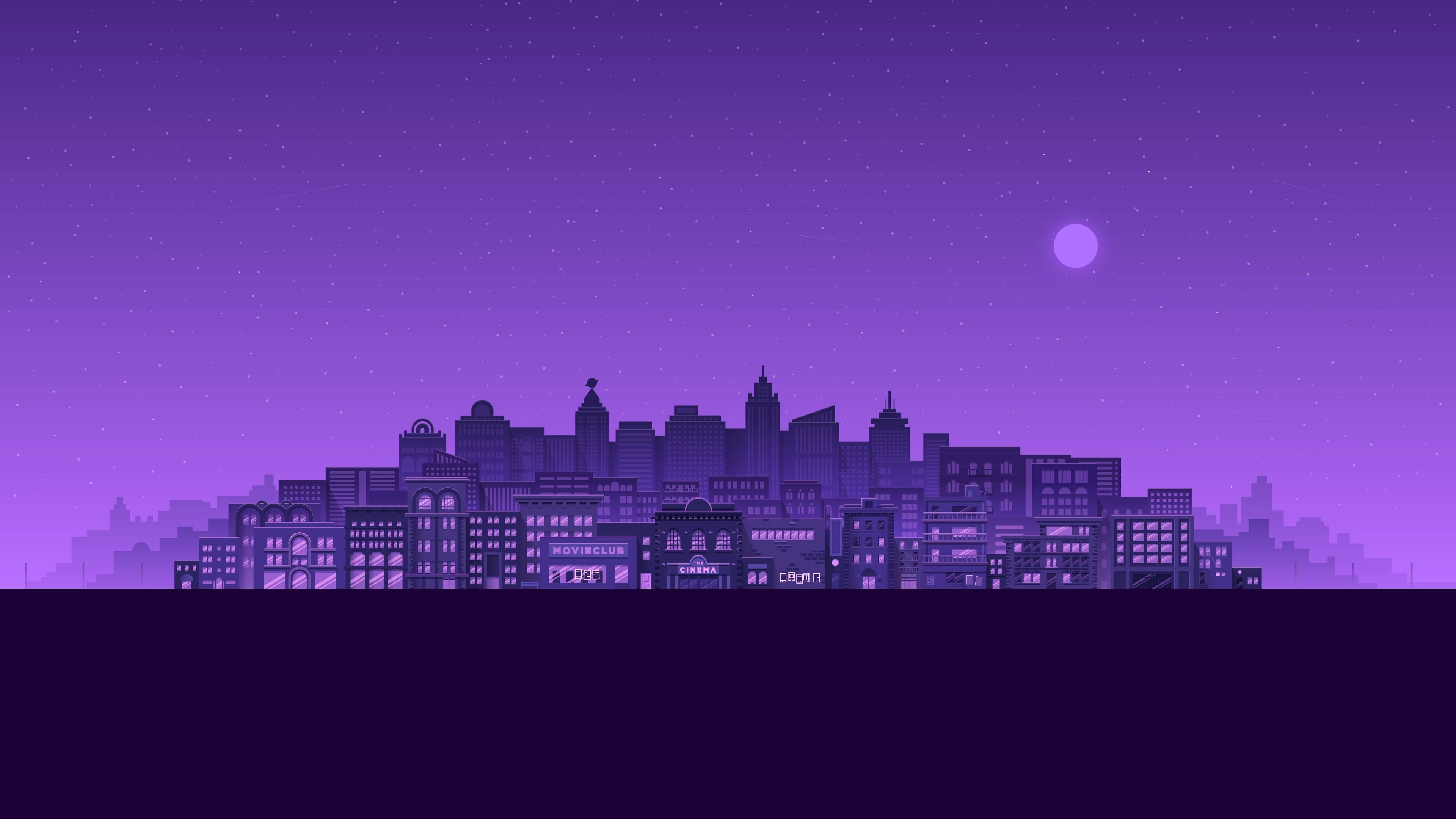 紫色 桌布 壁紙 — 在繁星點點的夜空下，一座風格化的紫色城市天際線，上方有一輪發光的月亮。