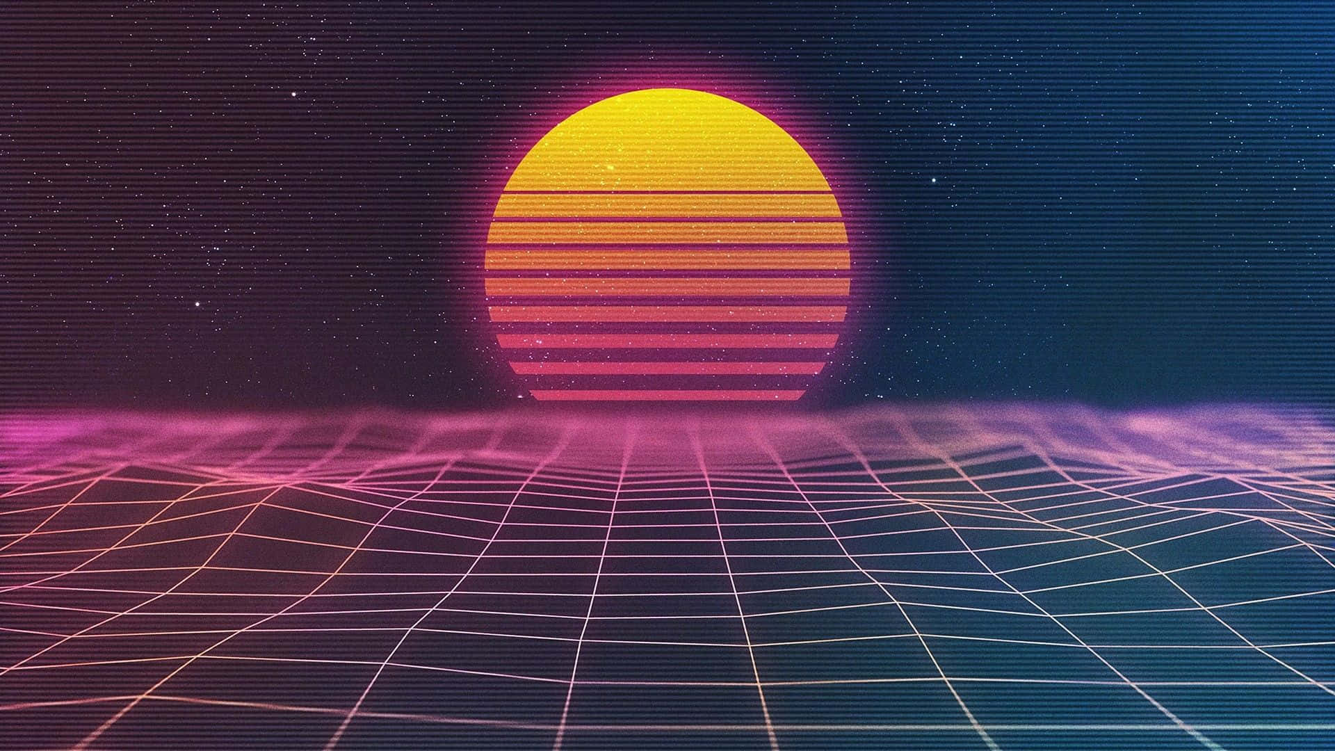 合成波 桌布 壁紙 — 在繁星點點的夜空下，一條條橙色條紋的太陽從發光的網格地平線上升起的復古未來主義日落。