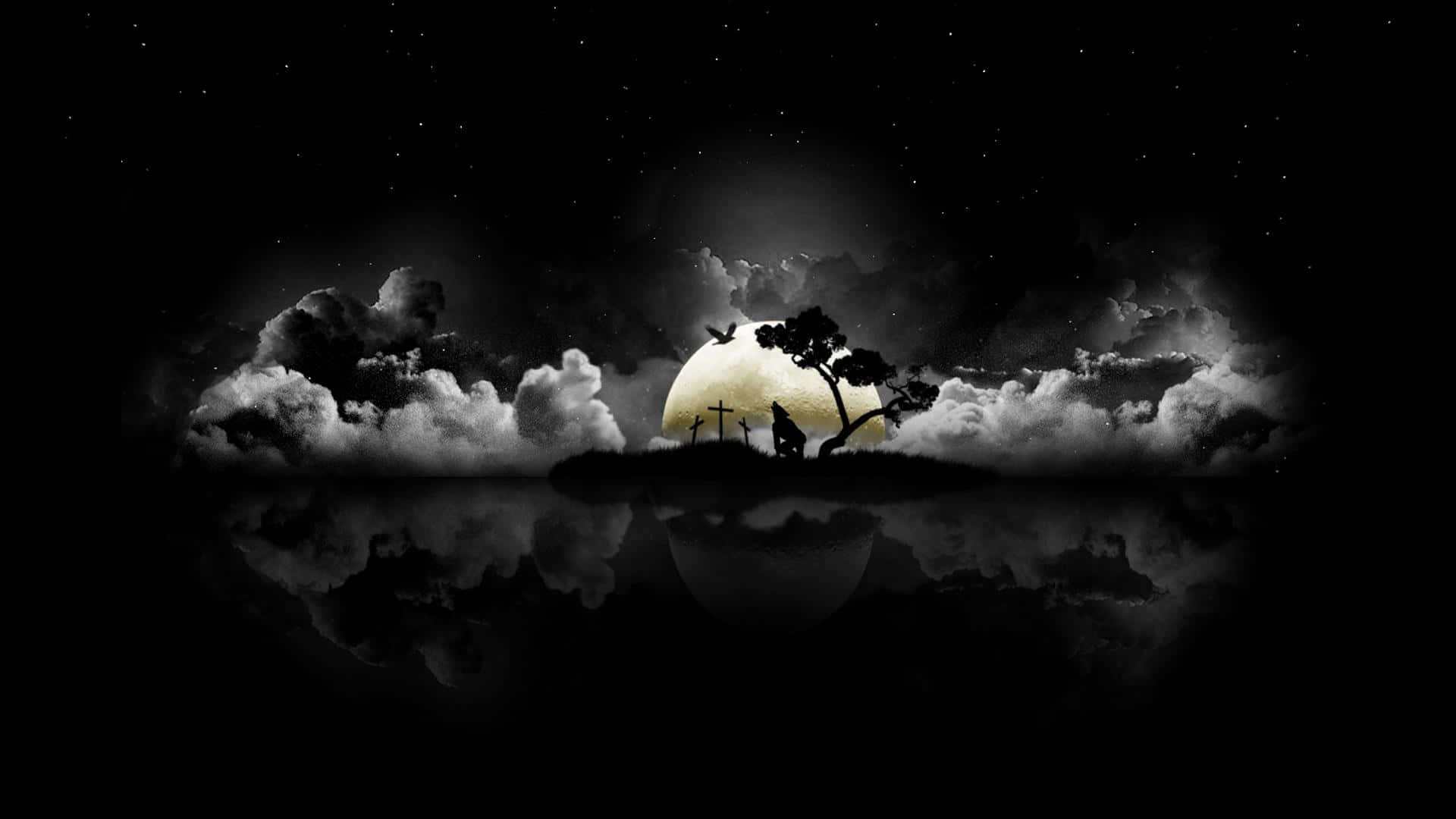 桌布 壁紙 — 在繁星點點的夜空下，一棵孤樹和十字架的剪影映襯著黑暗水面上反射的發光滿月。