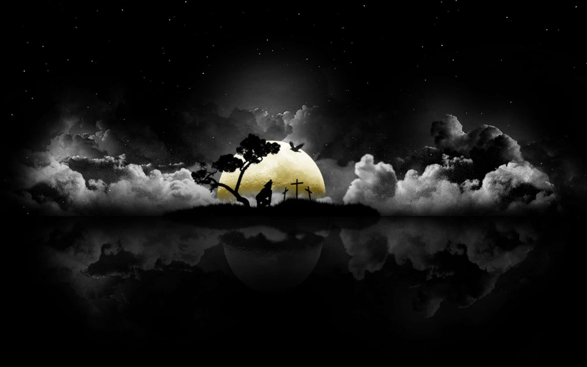 Unsettling 桌布 壁紙 — 在繁星點點的夜空下，一棵孤樹和墓地剪影映襯著黑暗水面上反射的發光滿月。