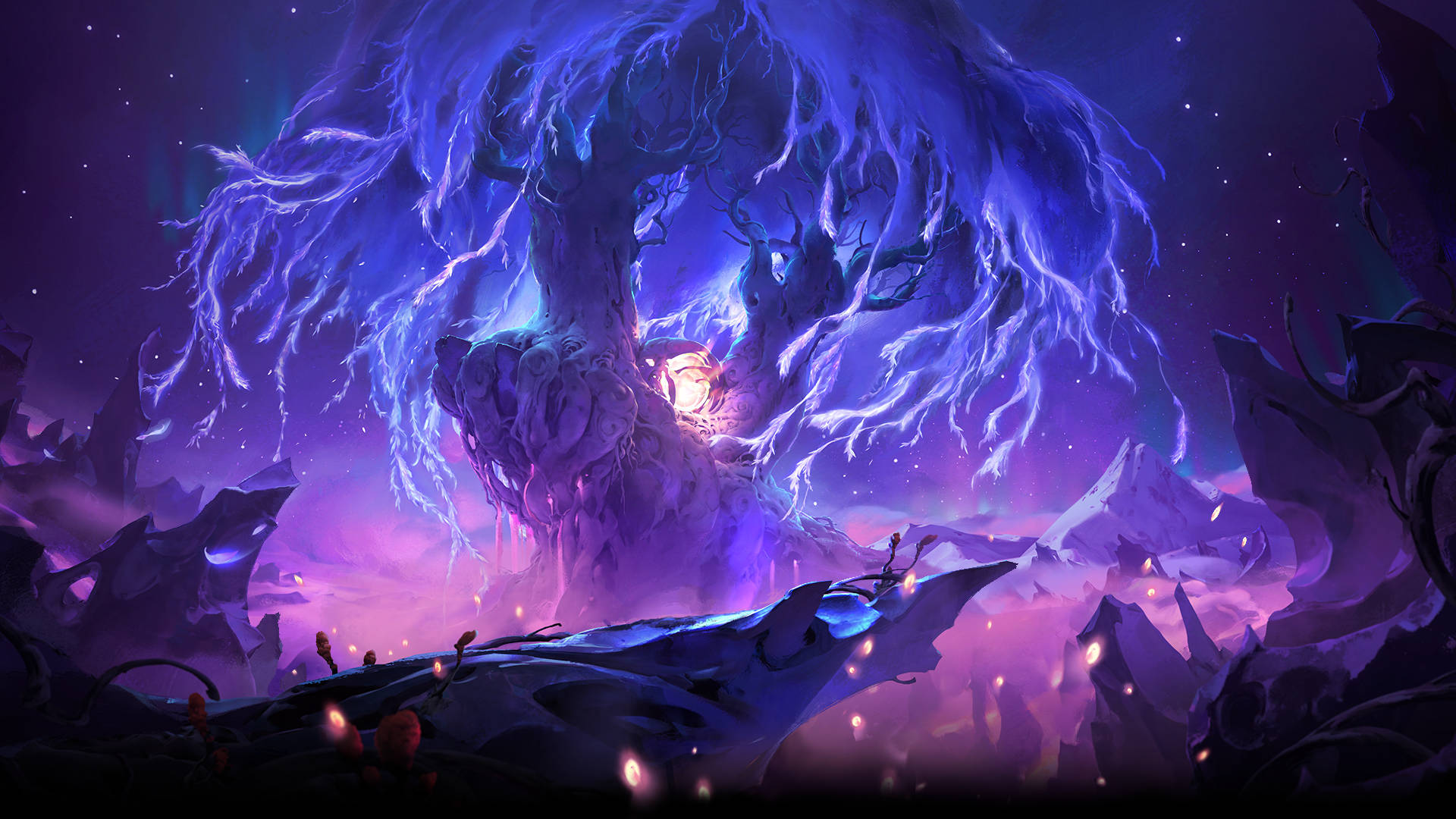 電玩遊戲 桌布 壁紙 — 在繁星點點的夜空下，一棵巨大的發光樹從崎嶇的紫色景觀中噴發，伴隨著噼啪作響的藍色閃電。