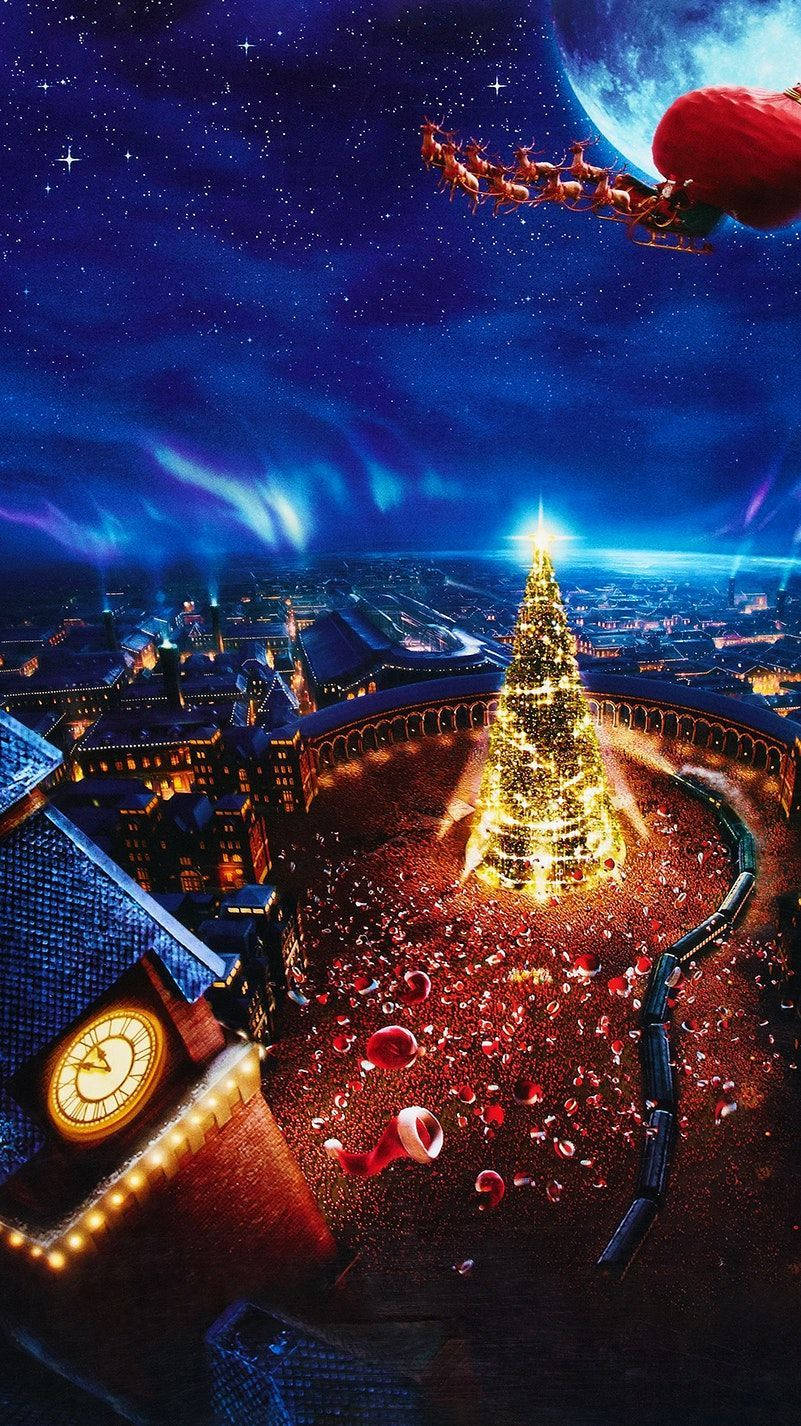 Christmas Movie 桌布 壁紙 — 在繁星點點的夜空下，一棵耀眼的聖誕樹閃閃發光，聖誕老人的雪橇在白雪覆蓋的城市景觀上空飛過。