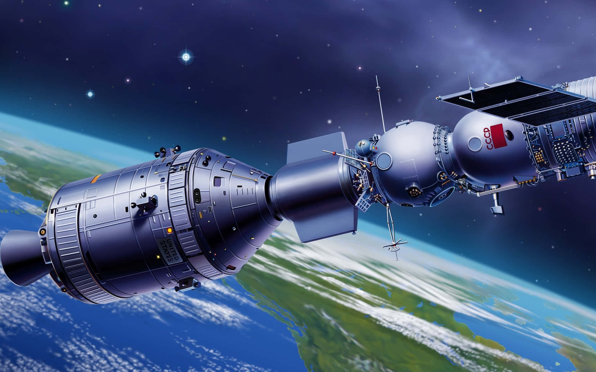Space Technology 桌布 壁紙 — 在繁星點點的夜空下，一艘蘇聯太空站和太空船在地球藍綠色彎曲地平線上方的軌道上對接。