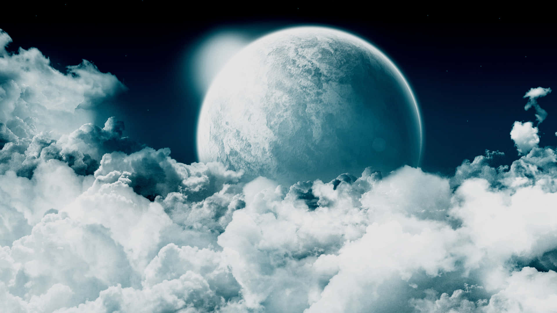 天堂 桌布 壁紙 — 在繁星點點的夜空下，一輪巨大的發光月亮從蓬鬆的雲海中升起。