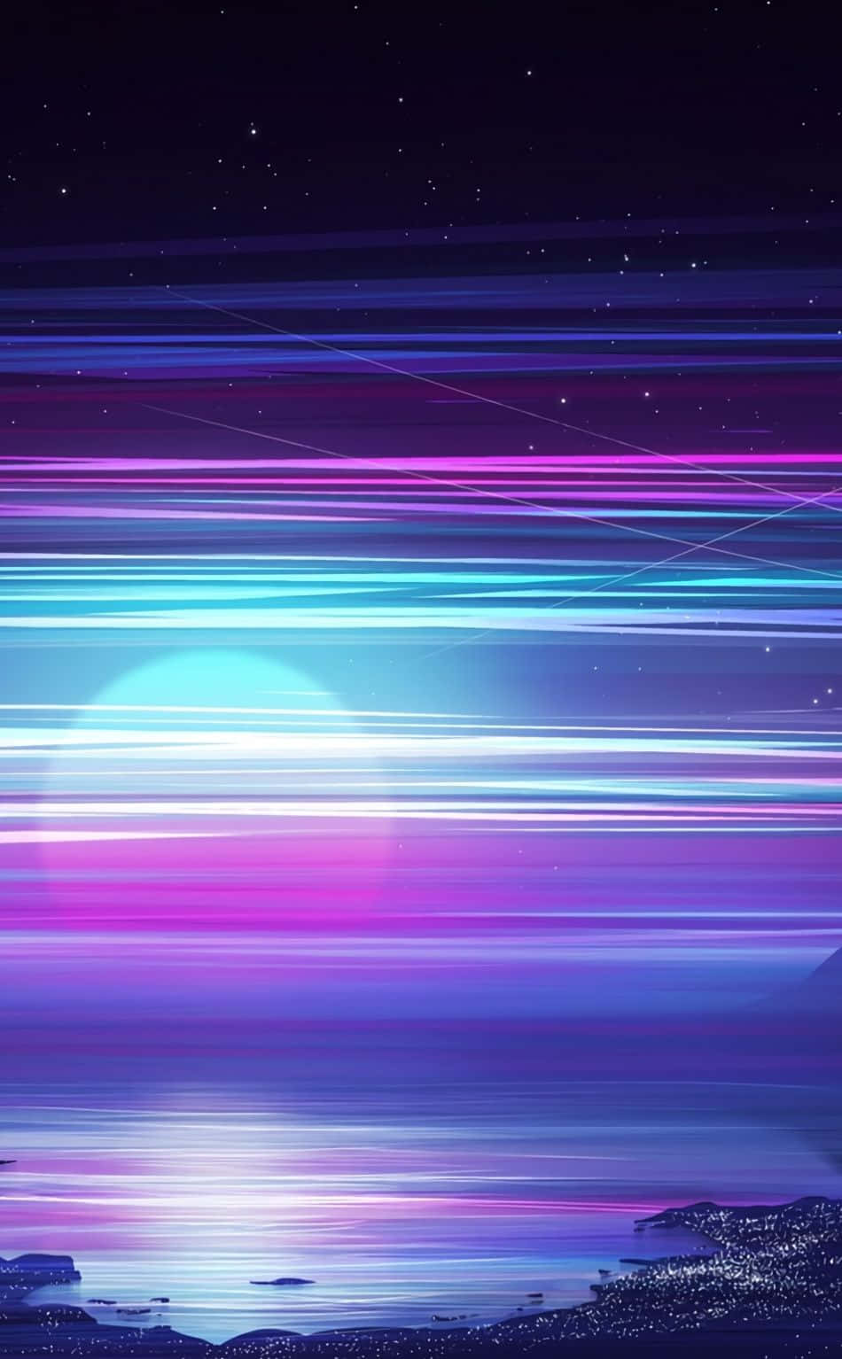 Motion Blur 桌布 壁紙 — 在繁星點點的夜空下，一道充滿活力的數位日落映照在發光的海洋上，帶有霓虹紫、粉紅和藍色的光線在水面上反射。