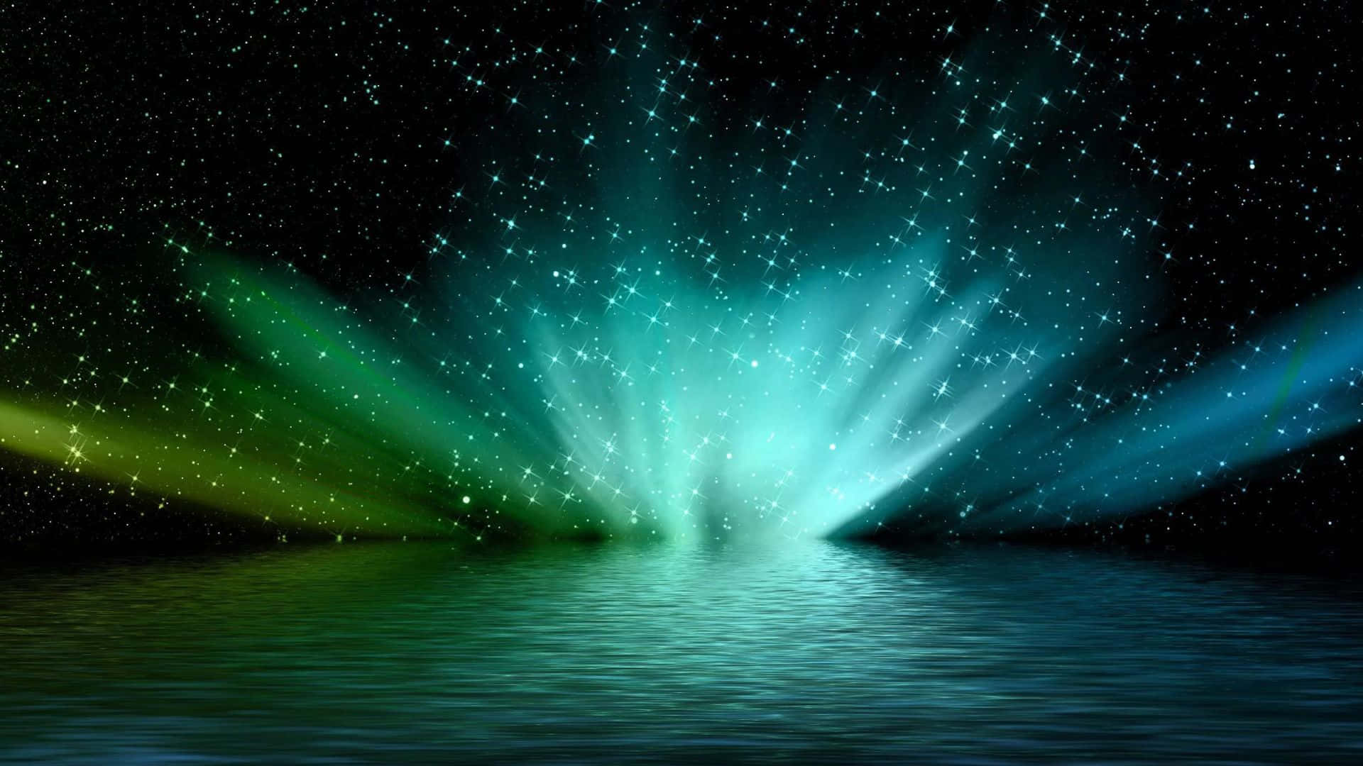 Spectacular 桌布 壁紙 — 在繁星點點的夜空下，一道宇宙極光在黑暗的反射水面上爆發出綠色和藍色的光芒。