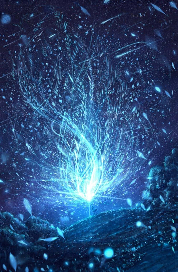 魔法動圖 桌布 壁紙 — 在繁星點點的夜空下，一道耀眼的藍色能量爆發從岩石表面噴出，伴隨著墜落的晶體碎片。