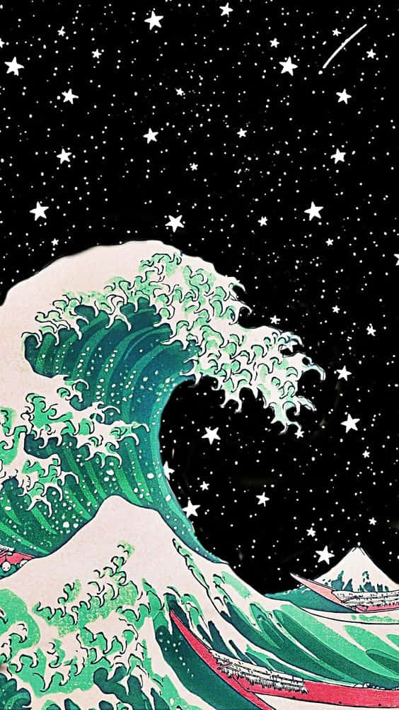 The Great Wave 桌布 壁紙 — 在繁星點點的夜空下，一道風格化的綠色波浪衝擊，背景有流星和遠山。
