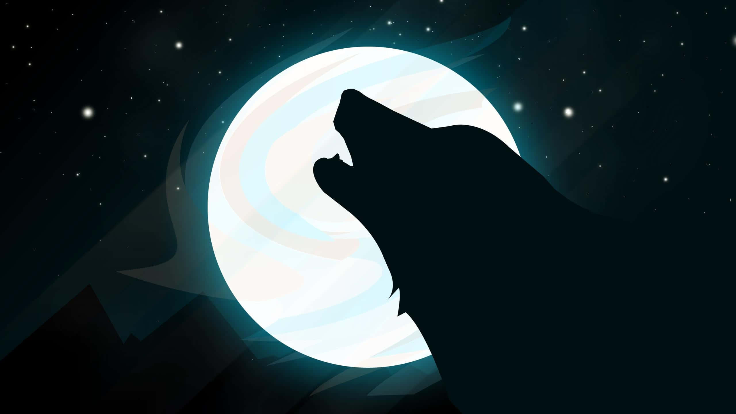 Wolf Howling 桌布 壁紙 — 在繁星點點的夜空下，一隻狼的剪影對著發光的月亮嚎叫，背景是黑暗的山峰。