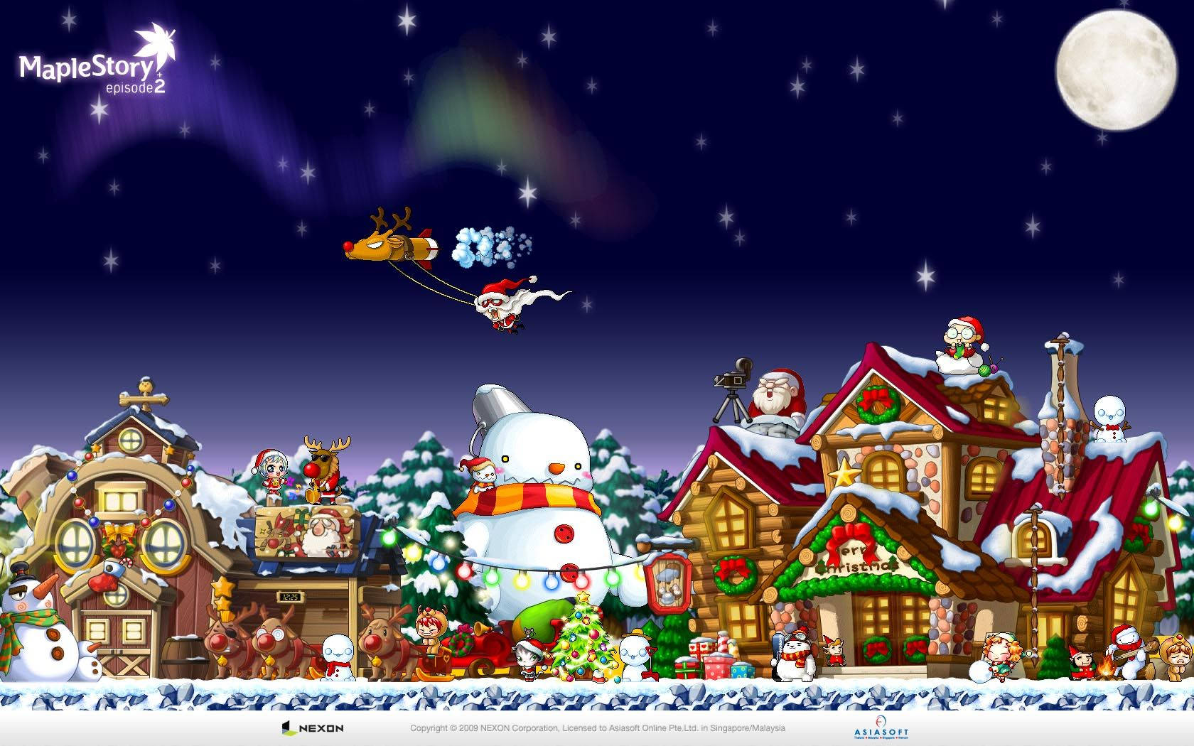 Maplestory 2 桌布 壁紙 — 在繁星點點的夜空下，一隻馴鹿拉著聖誕老人穿過北極光的節日冬季村莊。