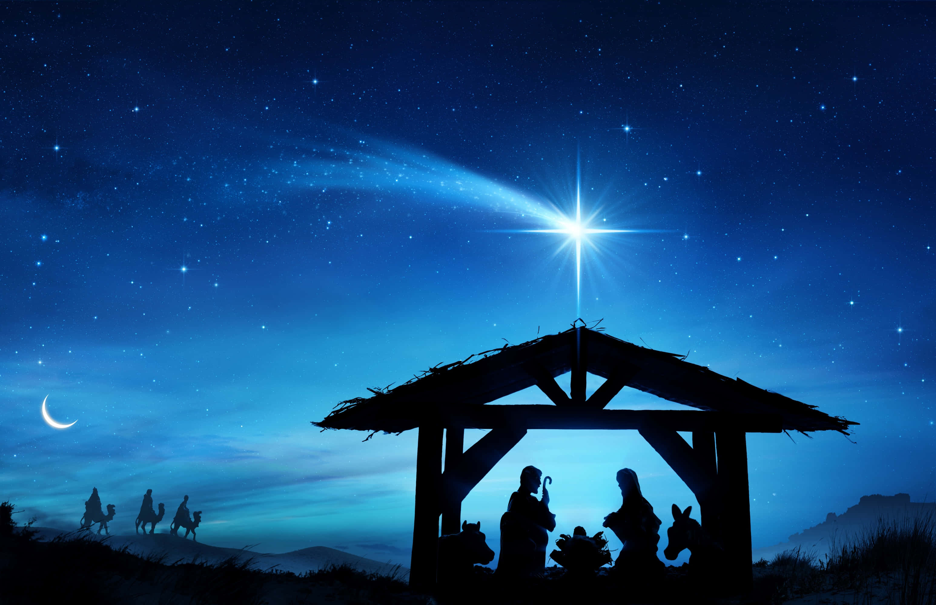 Nativity 桌布 壁紙 — 在繁星點點的夜空下，以剪影呈現的耶穌誕生場景，上方有一顆明亮的星星和彎月。