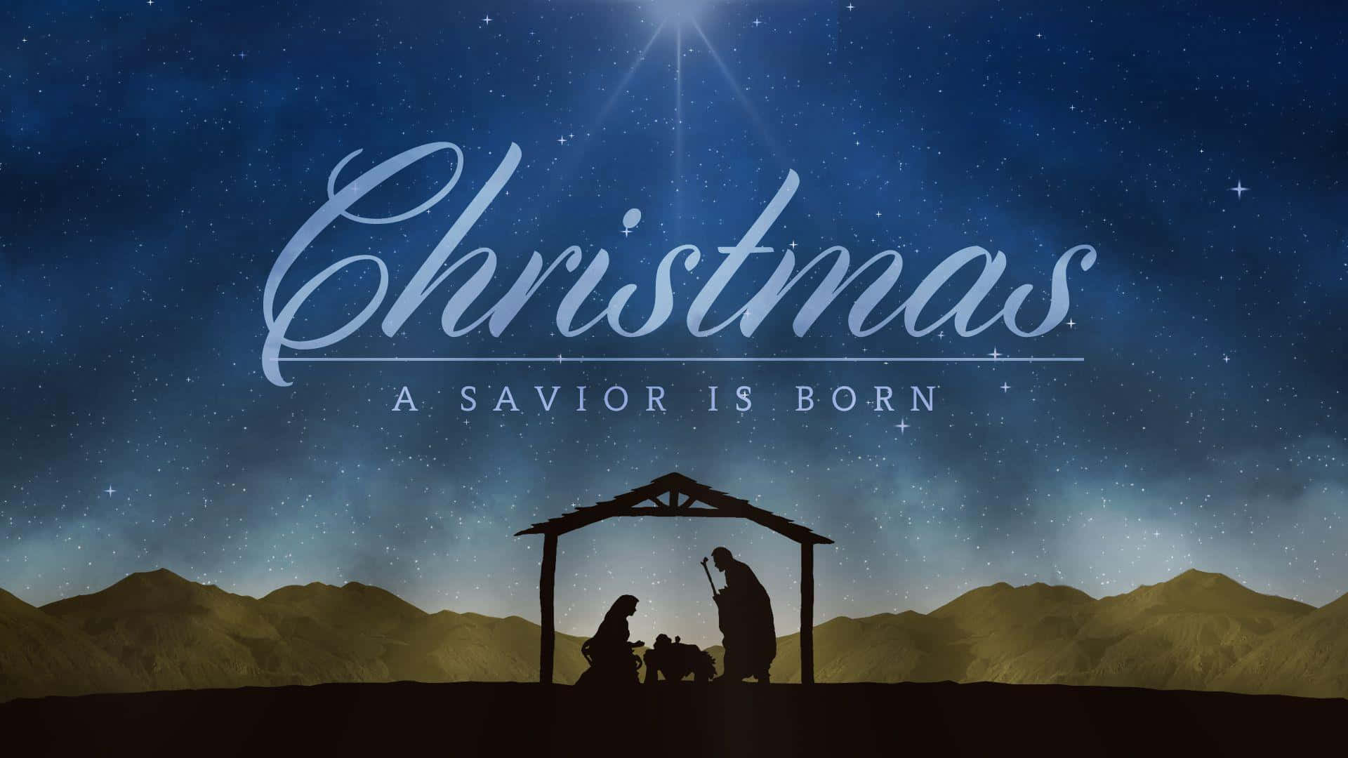 Nativity Scene 桌布 壁紙 — 在繁星點點的夜空下，以剪影呈現的耶穌誕生場景，上方閃耀著Christmas字樣。