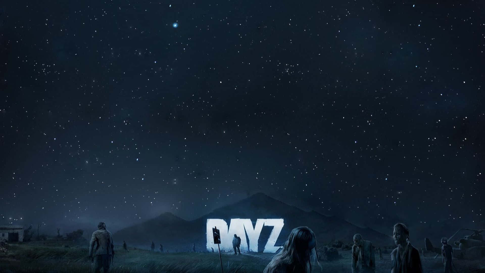 電玩遊戲 桌布 壁紙 — 在繁星點點的夜空下，剪影人物站在荒蕪的開闊田野中發光的「DAYZ」字母前。
