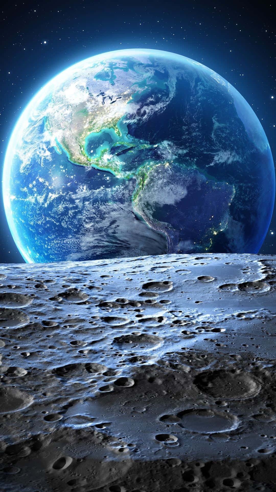 iPhone Earth 桌布 壁紙 — 在繁星點點的夜空下，地球從佈滿隕石坑的月球表面升起的壯麗景色。