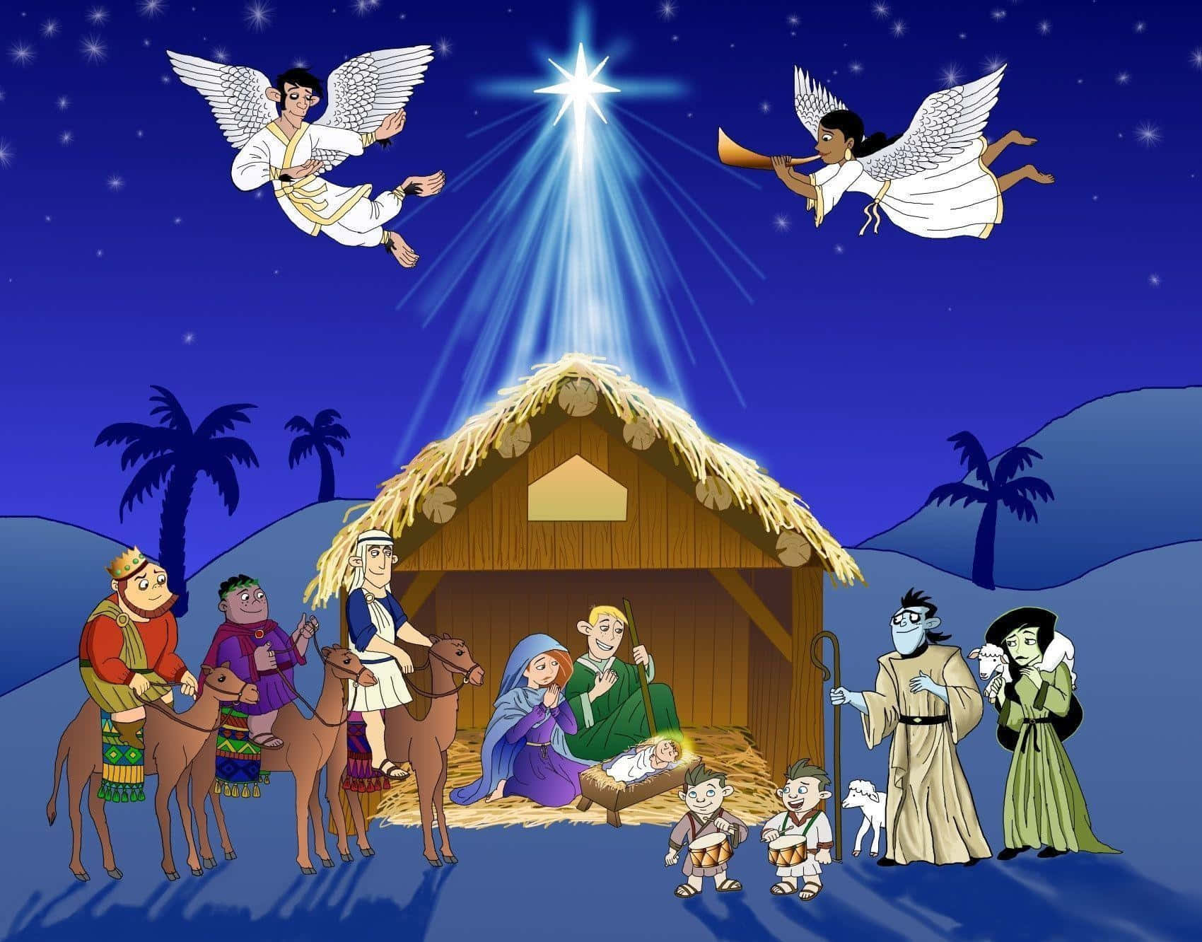Nativity 桌布 壁紙 — 在繁星點點的夜空下，天使在上方，背景有棕櫚樹的充滿活力的卡通耶穌誕生場景。