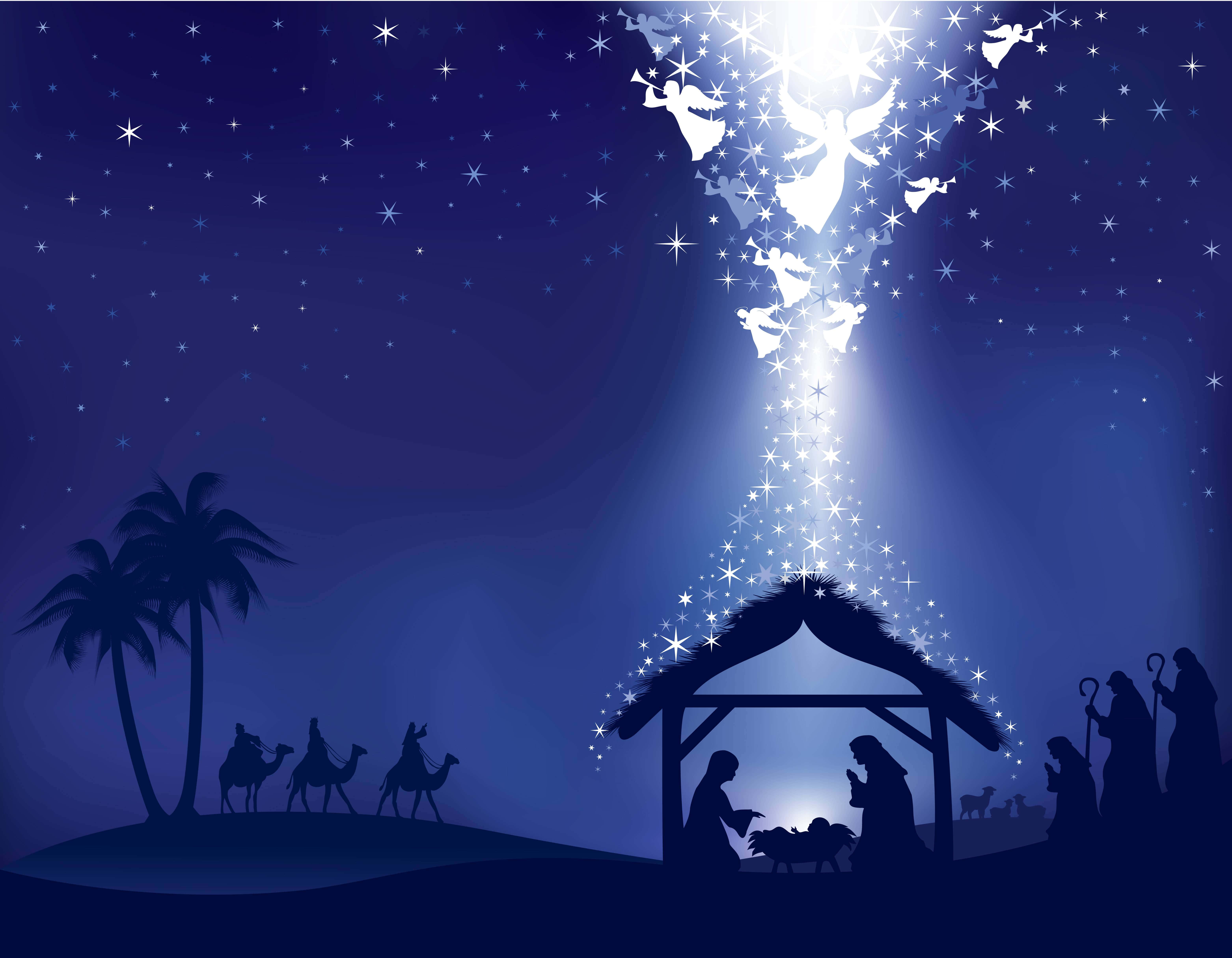 Nativity 桌布 壁紙 — 在繁星點點的夜空下，天使從天而降，散發著光芒的剪影耶穌誕生場景。