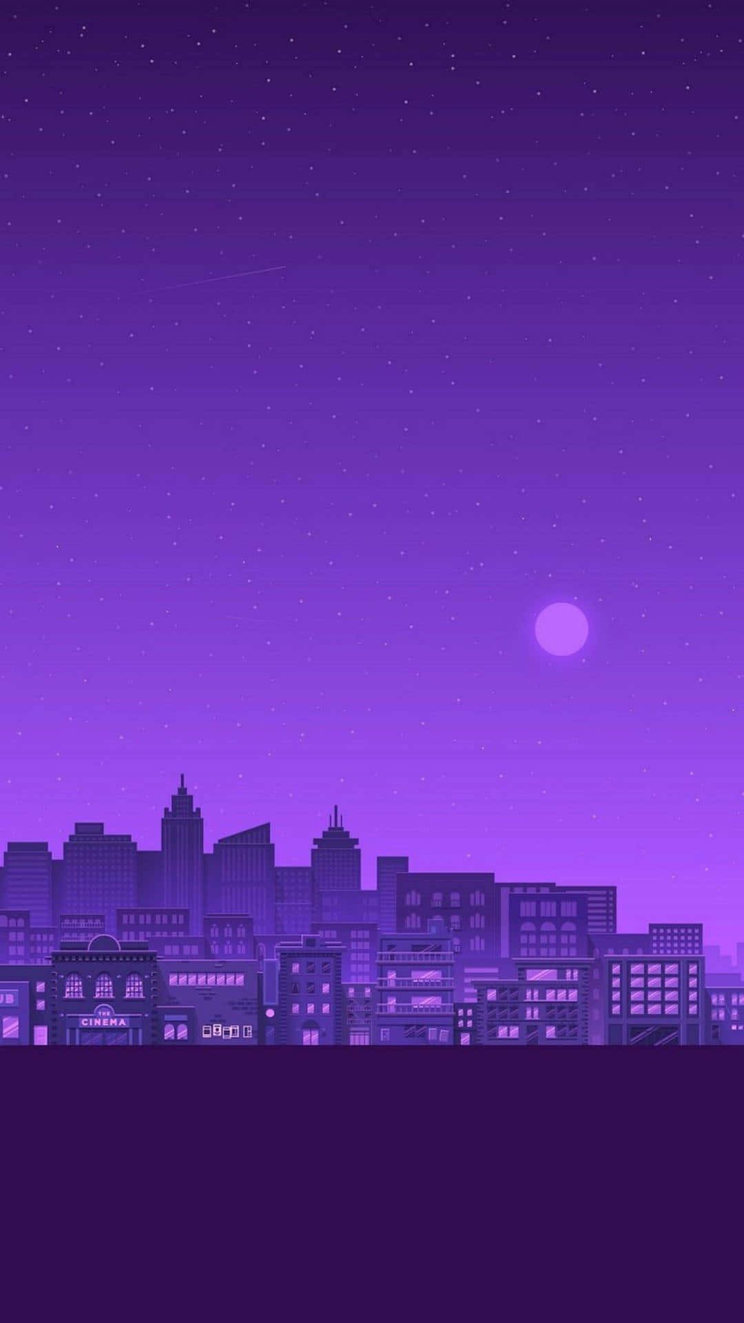 Lavender 桌布 壁紙 — 在繁星點點的夜空下，帶有發光月亮的風格化紫色城市天際線。