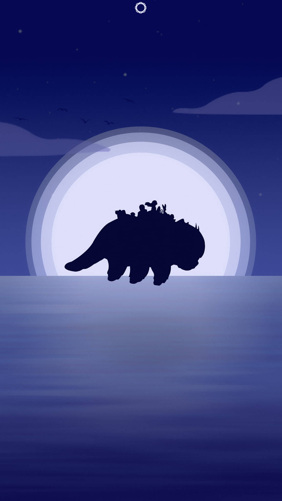 Appa 桌布 壁紙 — 在繁星點點的夜空下，平靜的水面上，一隻恐龍的剪影背負著微小的人物，襯托著發光的月亮。