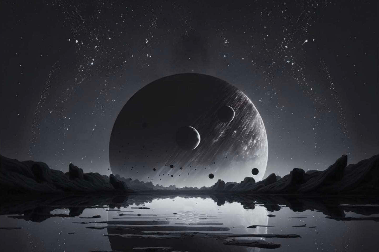 Interstellar Travel 桌布 壁紙 — 在繁星點點的夜空下，平靜的水面倒映著巨大的行星和衛星，呈現出一片寧靜的外星景觀。