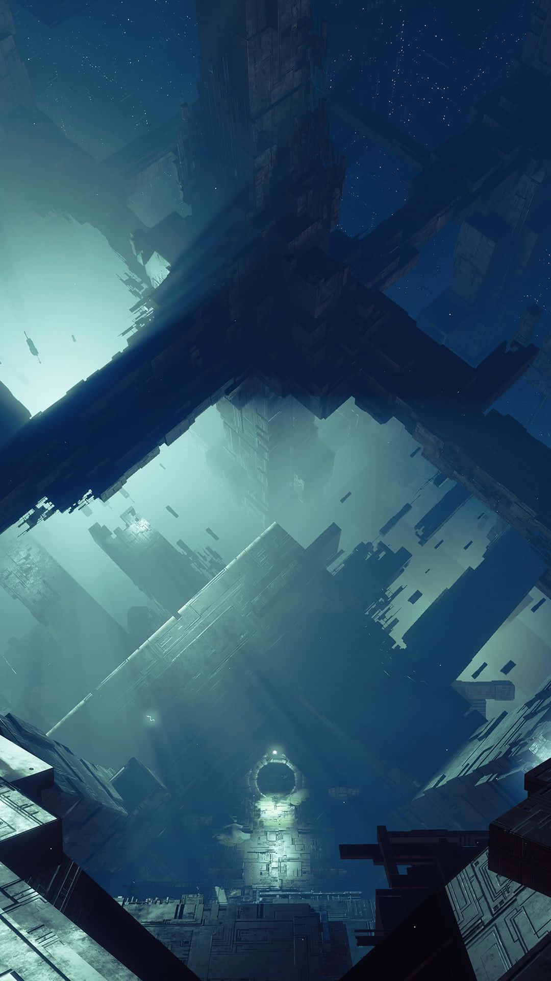 Epic iPhone 桌布 壁紙 — 在繁星點點的夜空下，廣闊的廢墟未來城市景觀，發光的光束穿過迷霧籠罩的廢墟。