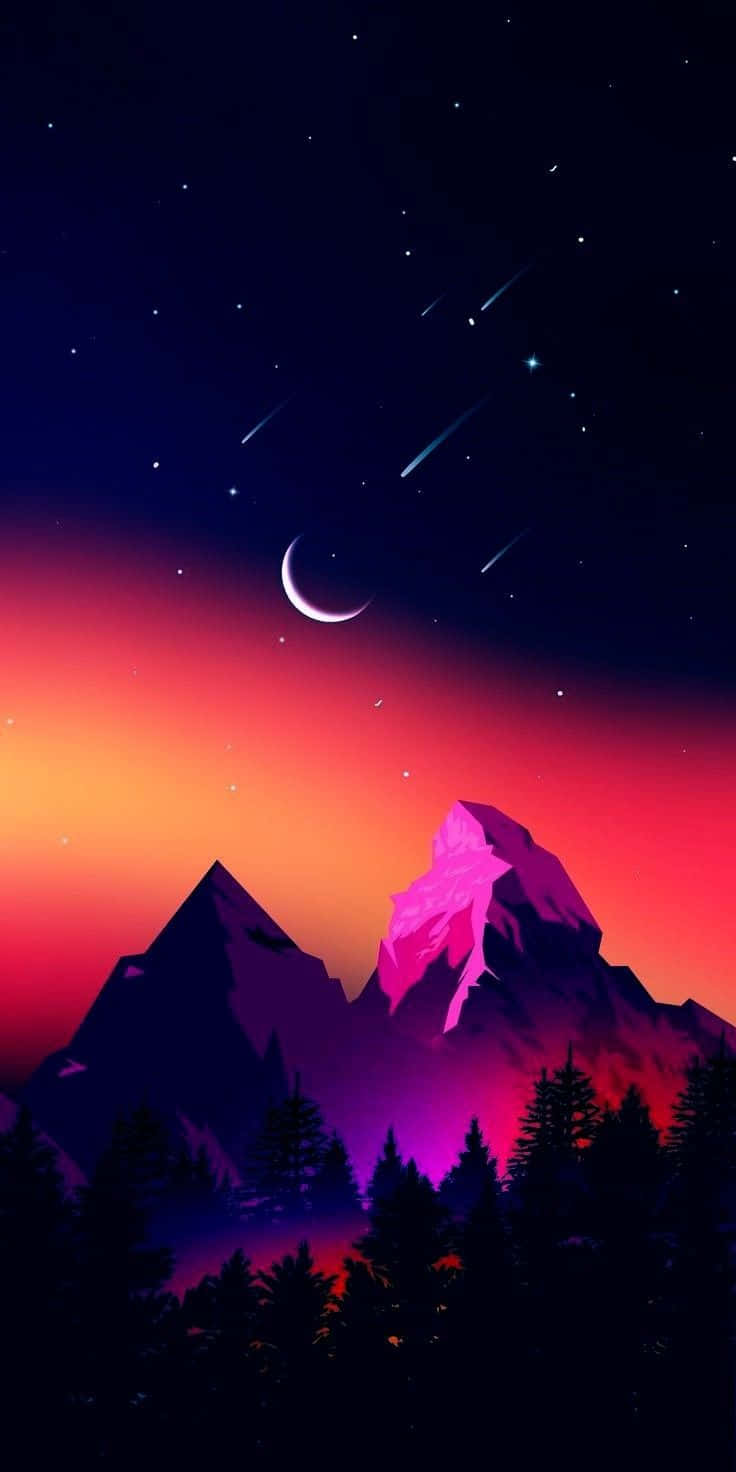 Pixel 3xl Oled 桌布 壁紙 — 在繁星點點的夜空下，新月和流星劃過的充滿活力的數位山脈。