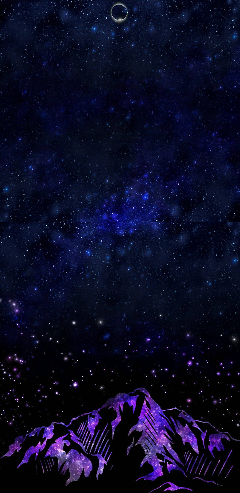 手機 桌布 壁紙 — 在繁星點點的夜空下，新月照耀著散發紫色星雲光芒的宇宙山脈。