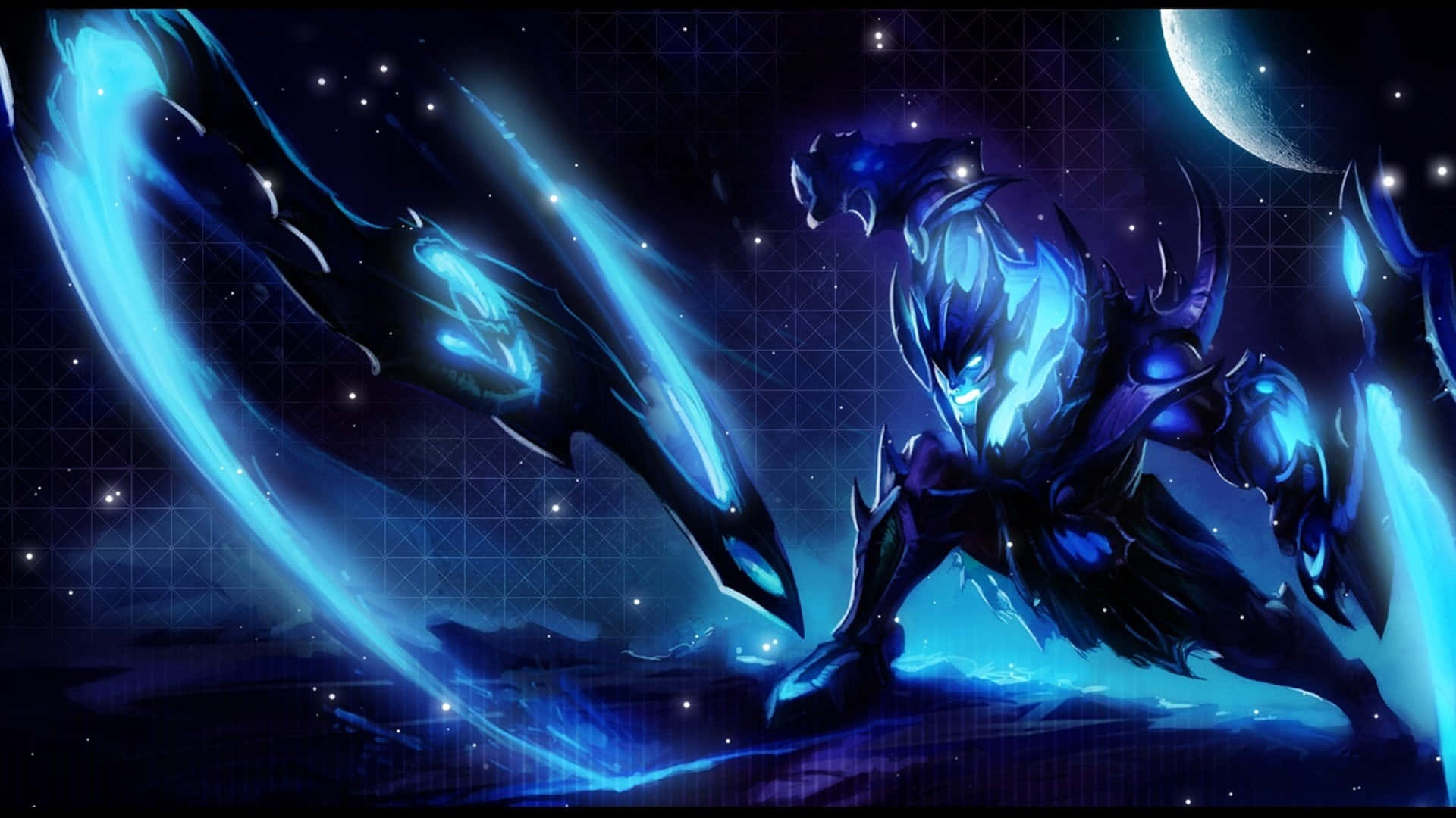 1920x1080 League Of Legends 桌布 壁紙 — 在繁星點點的夜空下，新月高懸，一名發光的藍色裝甲戰士揮舞著巨大的彎曲刀刃。