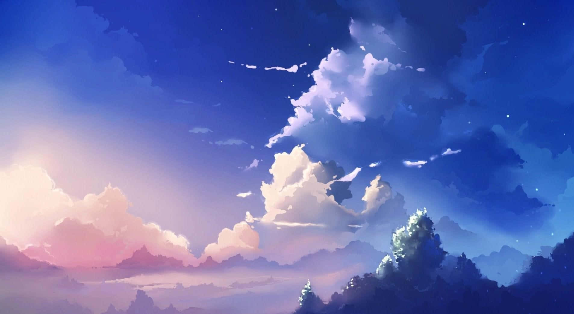 藍色美學 桌布 壁紙 — 在繁星點點的夜空下，柔和的粉紅色和深藍色雲彩籠罩著剪影樹木，呈現寧靜的黃昏天空。