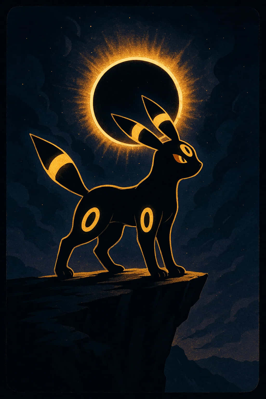 Umbreon Pokemon 4K HD Wallpaper WEBP MOBILE Backgrounds 壁紙 — 在繁星點點的夜空下，發光的Umbreon剪影站在懸崖頂上，下方是燦爛的日食。