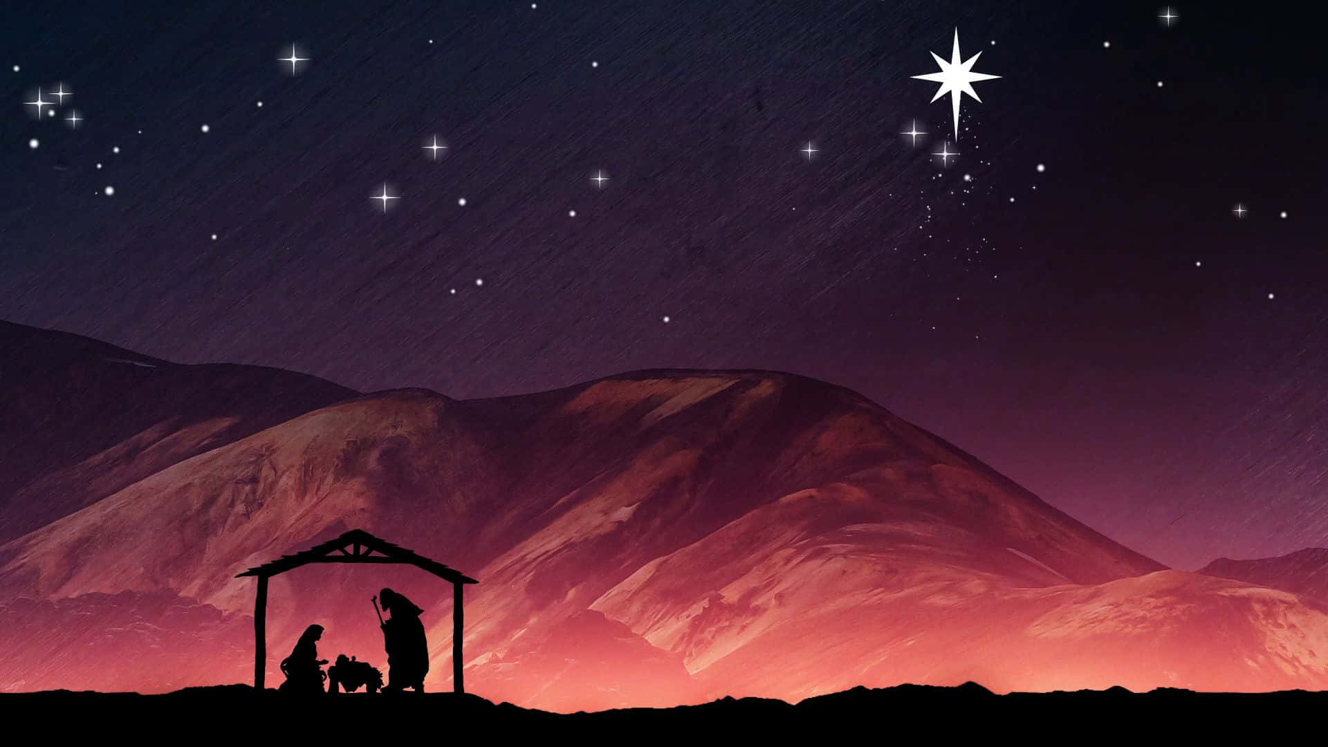 Nativity 桌布 壁紙 — 在繁星點點的夜空下，紫色和橙色山脈上方有一顆明亮的星星，耶穌誕生的剪影場景。