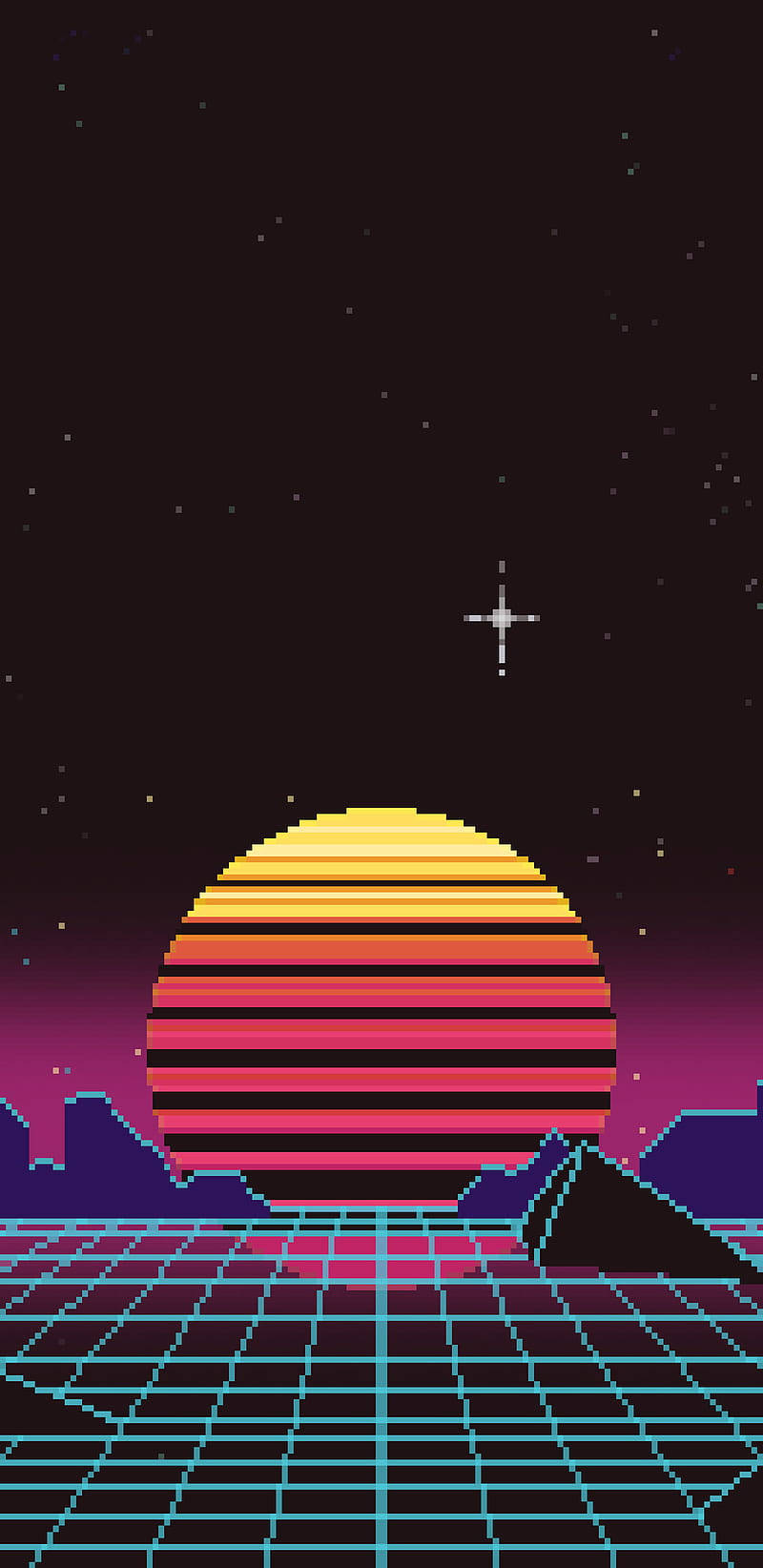 桌布 壁紙 — 在繁星點點的夜空下，網格景觀上帶有鮮豔水平條紋的像素化日落。
